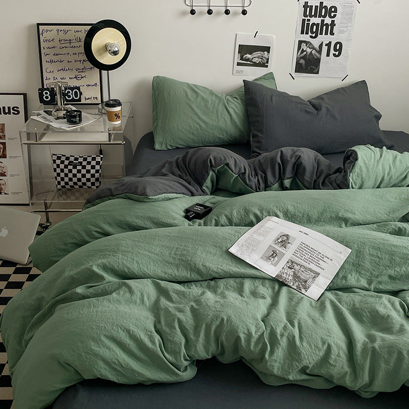 Green-dark grey 1.5m Bed Fitted Sheet Set with 200x230cm Duvet Cover - 4-Piece Bedding Set