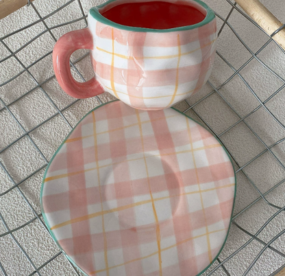 Pink Background Large Floral 300ML Underglaze Hand-Pinched Cup and Saucer Set - Ceramic Coffee Mug Milk Cup Breakfast Set