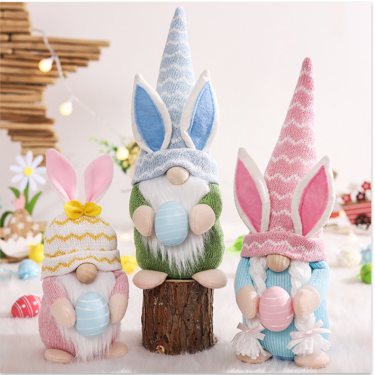 Pink Fat Doll Easter Gnome Doll - Knitted Fabric with Egg and Bunny Ears Decor