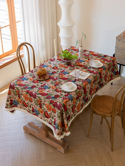 Floral Cotton Linen Tablecloth | Vintage Style Country Garden Design, 90x90cm