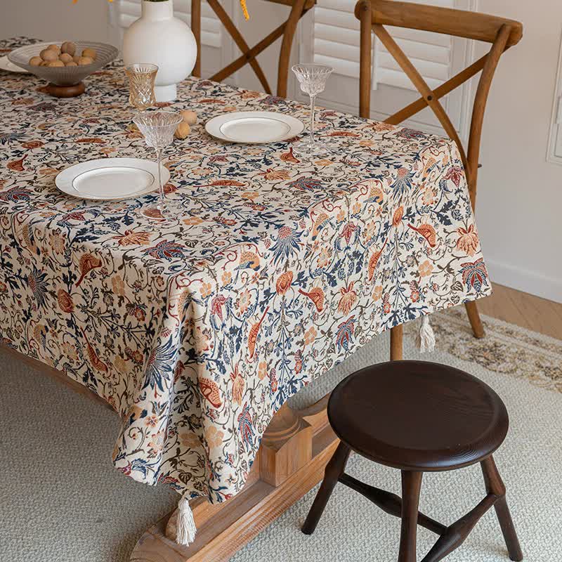 Floral Vintage Bird Tassel Tablecloth | Vintage Cotton and Linen Jacquard Tablecloth, 100*160cm