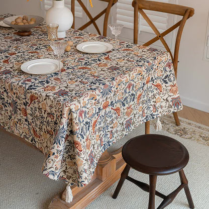 Floral Vintage Bird Tassel Tablecloth | Vintage Cotton and Linen Jacquard Tablecloth, 100*160cm