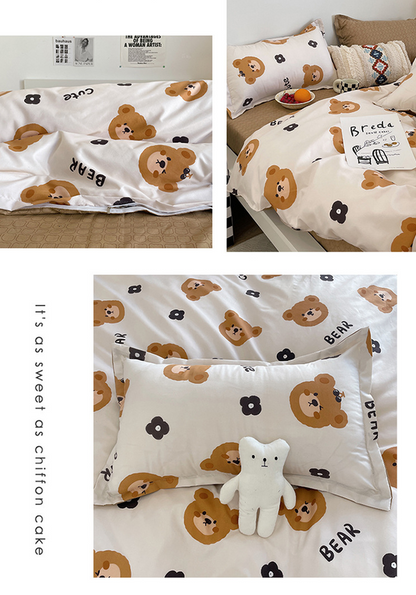 Cartoon Bear 4-Piece Bedding Set with Comforter and Pillowcases for Kids - Soft and Cute Bed Linen (Comforter 150x200cm, Bed Sheet 160x230cm, Pillowcases 48x47cm)