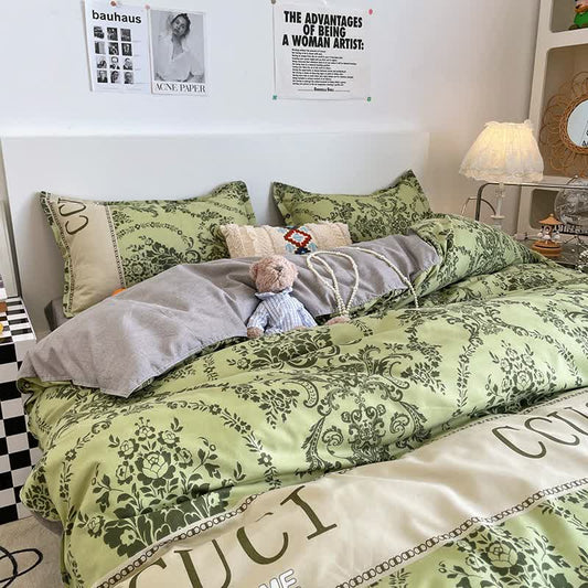 Green Floral 4-Piece Bedding Set - Soft and Lovely Bed Sheets (Quilt 200x230cm, Flat Sheet 230x230cm, Pillowcase 48x47cm*2)