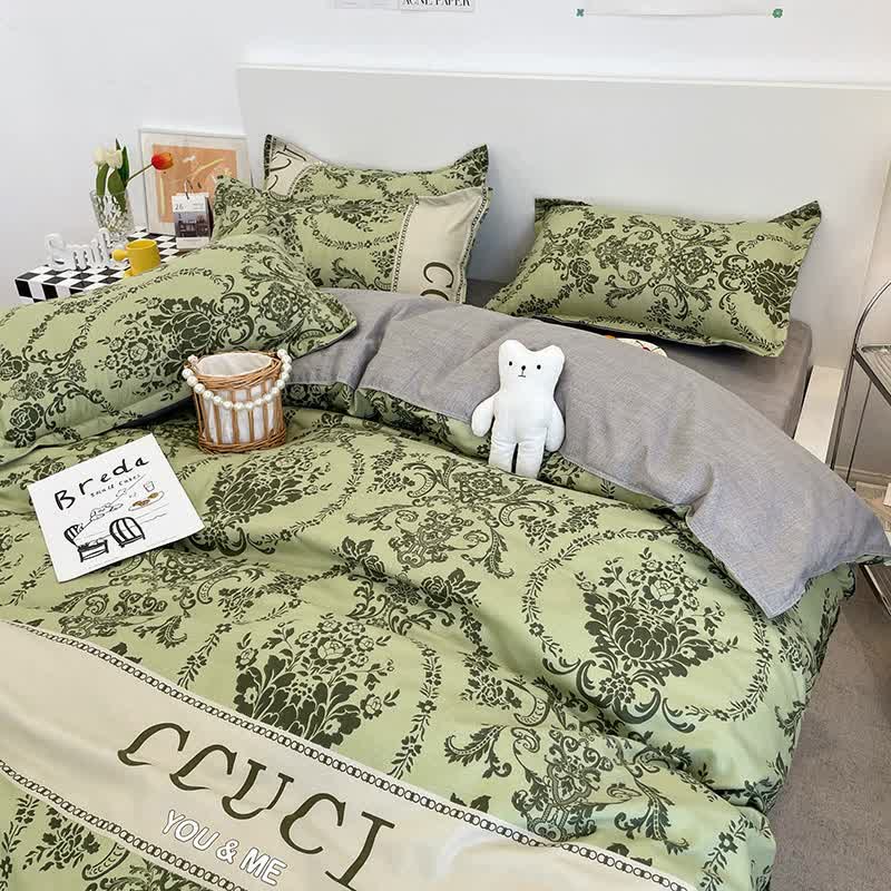 Green Floral 4-Piece Bedding Set - Soft and Lovely Bed Sheets (Quilt 200x230cm, Flat Sheet 230x230cm, Pillowcase 48x47cm*2)