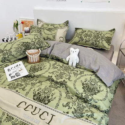 Green Floral 4-Piece Bedding Set - Soft and Lovely Bed Sheets (Quilt 200x230cm, Flat Sheet 230x230cm, Pillowcase 48x47cm*2)
