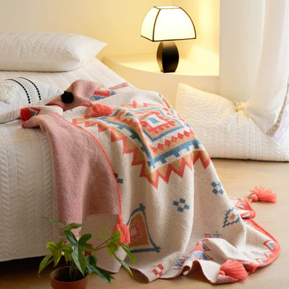 Orange Bohemian Geometric Tassel Throw Blanket – Soft Cotton Blend for Bedroom, Living Room, and Sofa 110x130cm