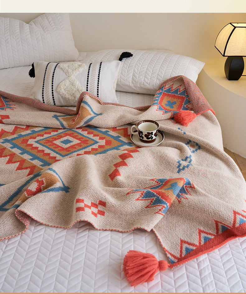 Orange Bohemian Geometric Tassel Throw Blanket – Soft Cotton Blend for Bedroom, Living Room, and Sofa 110x130cm