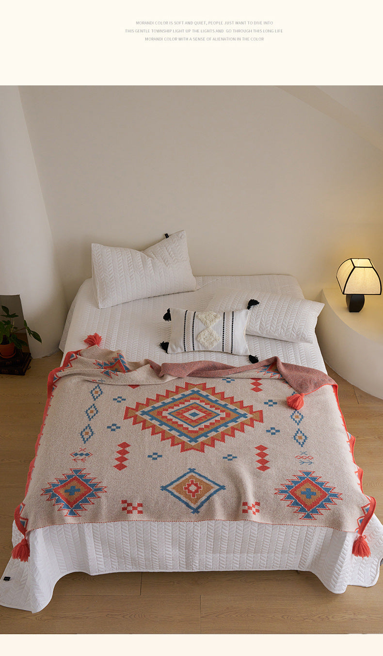 Orange Bohemian Geometric Tassel Throw Blanket – Soft Cotton Blend for Bedroom, Living Room, and Sofa 110x130cm