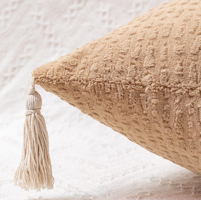 Brown Set of 2 Textured Velvet Throw Pillow Covers with Tassels - Decorative Square Cushions 45*45cm