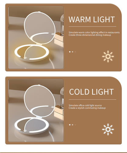 White Portable LED Makeup Mirror with Tricolor Lights - Rechargeable Folding Travel Mirror