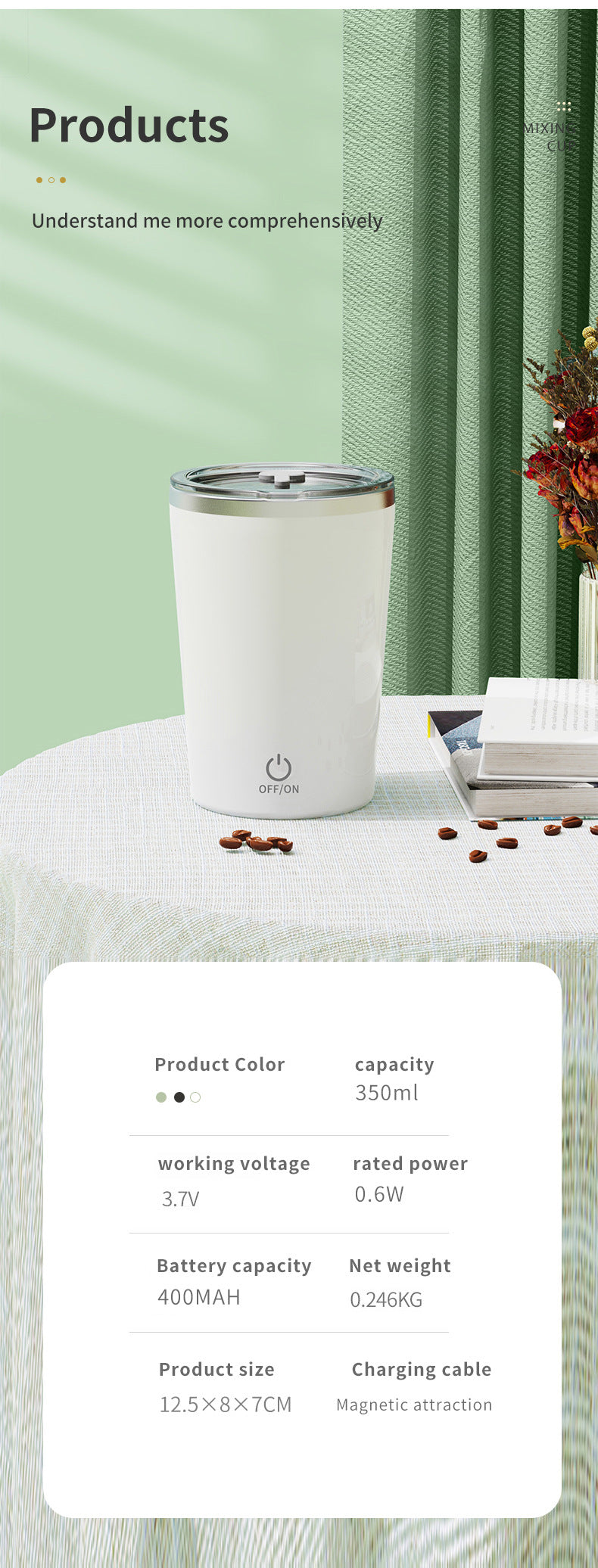 White Portable Automatic Mixing Coffee Cup - Stainless Steel Magnetic Stirrer(handle stlye)