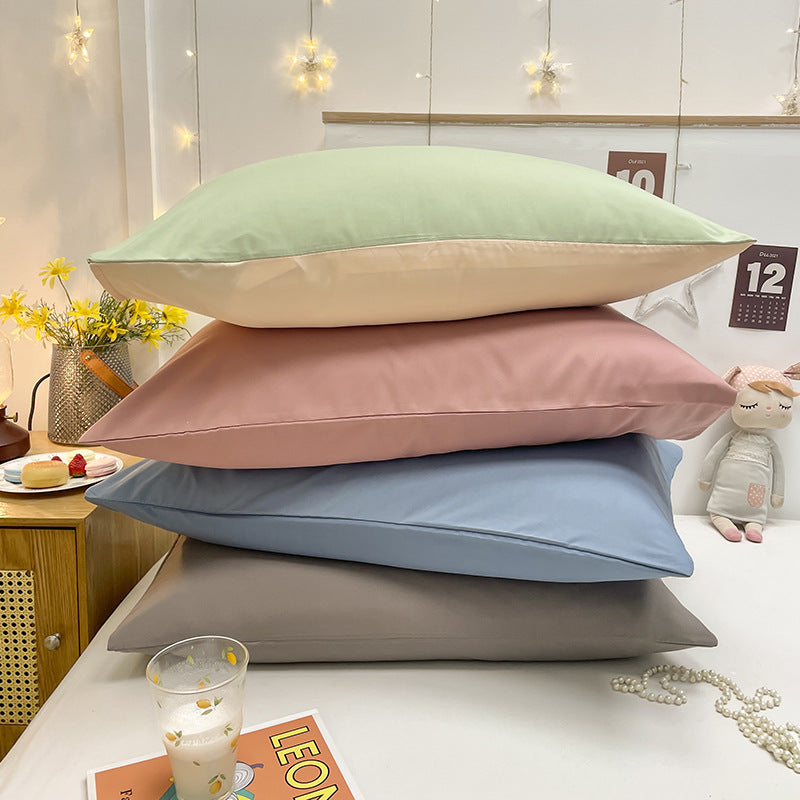 Green And Grey Washed Cotton Pillowcase Set - Solid Color, Simple Two-Tone Design, 48x74cm (Pair)