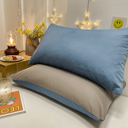 Light Blue And Grey Washed Cotton Pillowcase Set - Solid Color, Simple Two-Tone Design, 48x74cm (Pair)