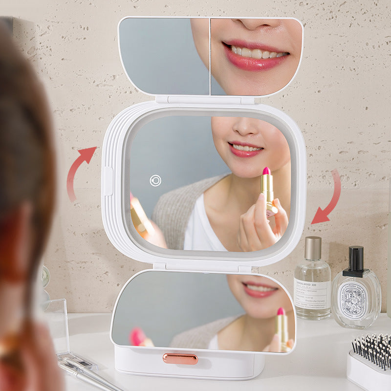 Pink LED Lighted Tri-Fold Makeup Mirror with Storage Drawer & Magnification(USB Charging Port)