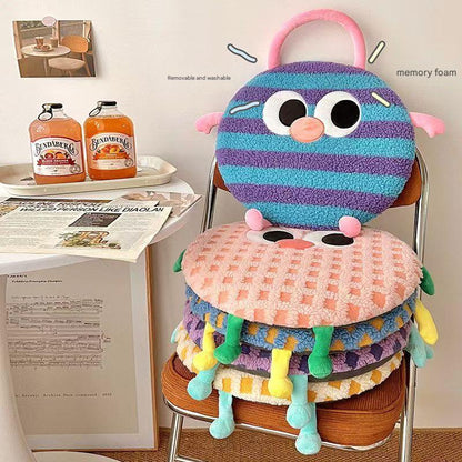 Purple Plaid Cute Cartoon Round Memory Foam Seat Cushion - Detachable & Washable