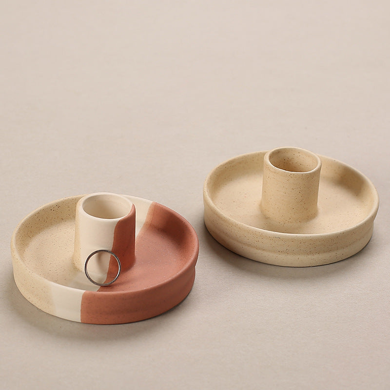 2 Pcs Light Yellow Straight Bottom Nordic Ceramic Candle Holder with Jewelry Dish - Elegant Minimalist Home Decor Piece