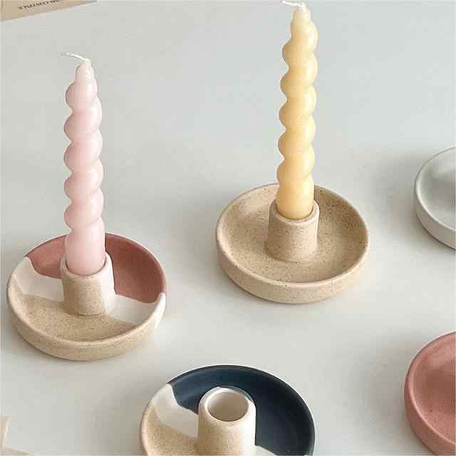 2 Pcs Light Yellow Straight Bottom Nordic Ceramic Candle Holder with Jewelry Dish - Elegant Minimalist Home Decor Piece