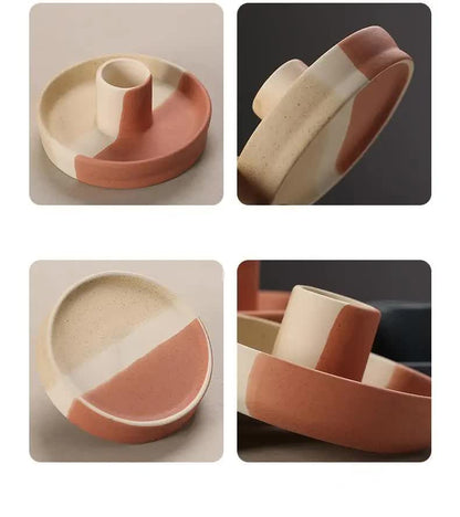 2 Pcs Light Yellow Straight Bottom Nordic Ceramic Candle Holder with Jewelry Dish - Elegant Minimalist Home Decor Piece