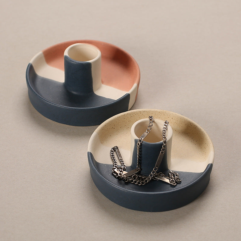2 Pcs Orange Straight Bottom Nordic Ceramic Candle Holder with Jewelry Dish - Elegant Minimalist Home Decor Piece