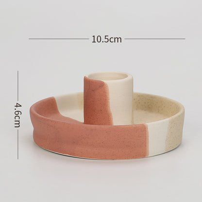 2 Pcs Yellow, White And Orange Stitching Straight Bottom Nordic Ceramic Candle Holder with Jewelry Dish - Elegant Minimalist Home Decor Piece