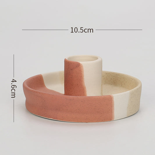 2 Pcs Yellow, White And Orange Stitching Straight Bottom Nordic Ceramic Candle Holder with Jewelry Dish - Elegant Minimalist Home Decor Piece