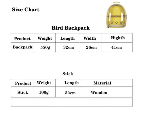 Black Stylish Transparent PVC Pet Carrier Backpack - Large Capacity, Multi-Use for Birds & Cats(Including Wooden Stick)