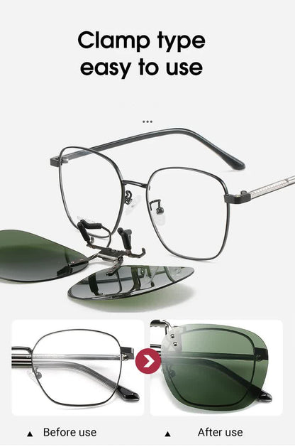 2 Pcs Green Polarized Clip-On Sunglasses - Day & Night Use, Frameless Polygon Design for Fishing & Driving