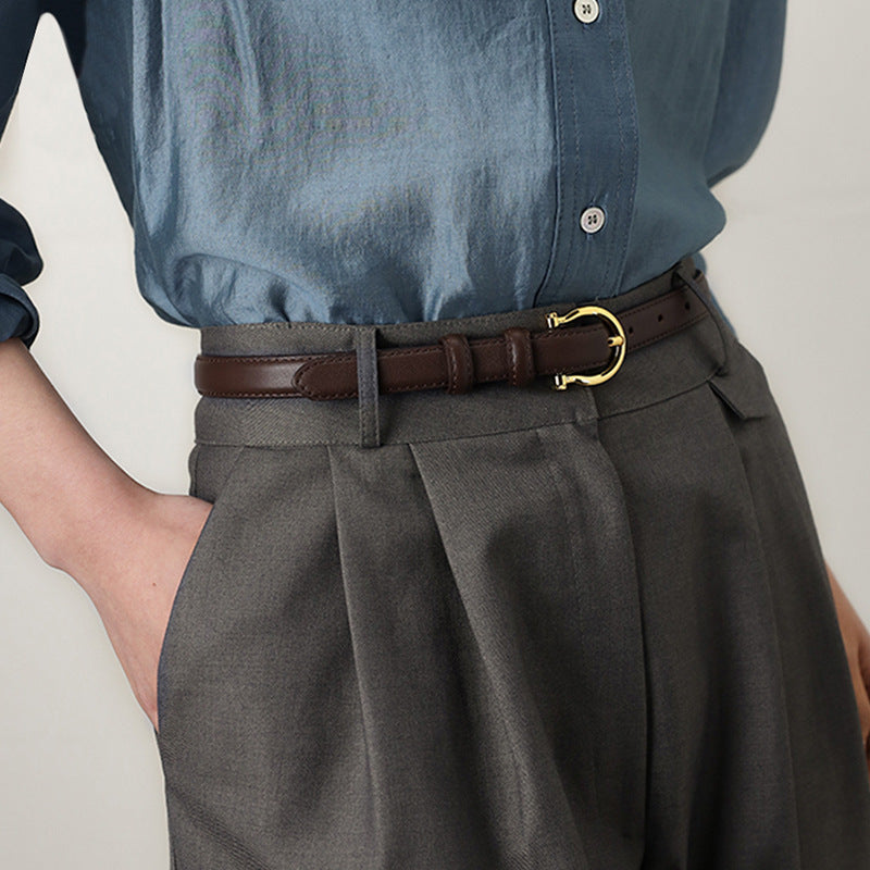 100CM Black Elegant French Gold Buckle Genuine Leather Belt - Luxurious Lightweight Women's Waist Belt