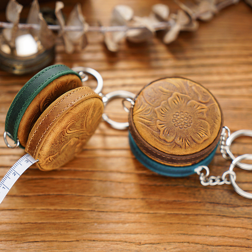 Brown Mini Leather Tape Measure - 1.5m/60in - Round With Hook And Pattern