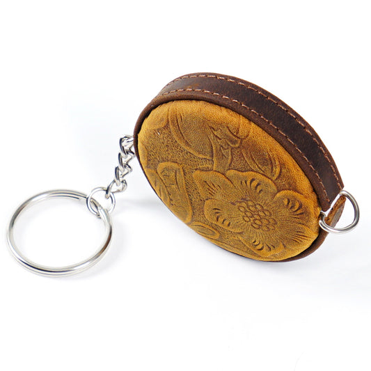 Coffee Side Band Mini Leather Tape Measure - 1.5m/60in - Round With Hook And Pattern