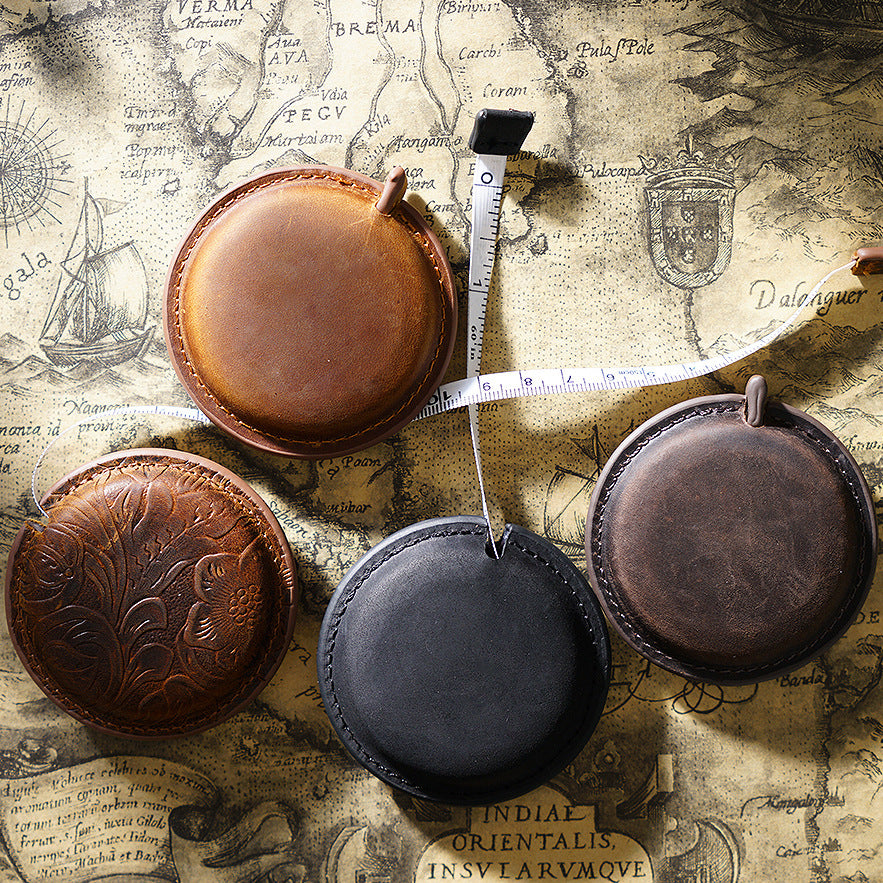 Coffee Side Band Mini Leather Tape Measure - 1.5m/60in - Round With Hook And Pattern