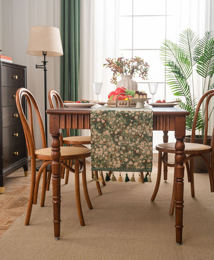 Floral Table Runner with Tassels - Jacquard Green Farmhouse Style (33x300cm)