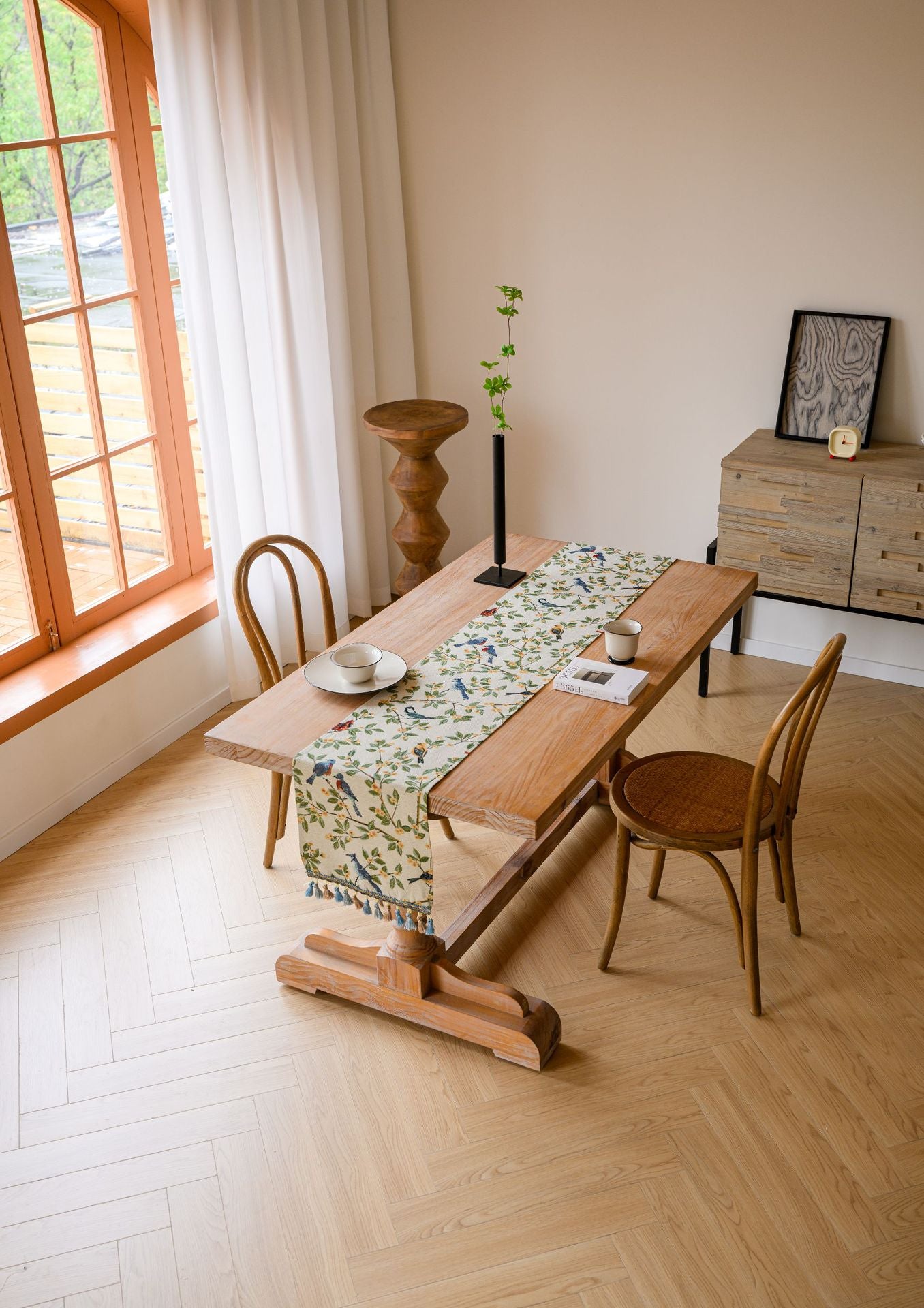 2 PCS Birds & Branch Table Runner - Jacquard Woven Beige with Tassels (33X120CM)
