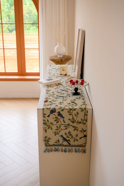 Birds & Branch Table Runner - Jacquard Woven Beige with Tassels(33X160CM)