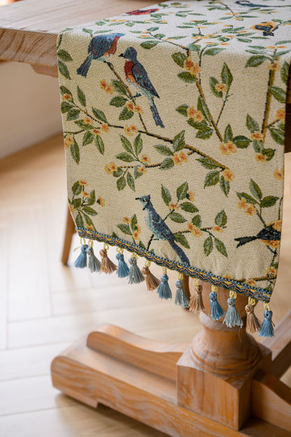 Birds & Branch Table Runner - Jacquard Woven Beige with Tassels(33X160CM)