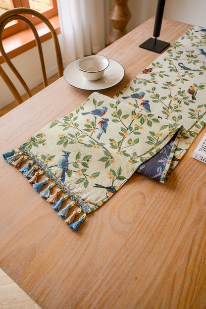 Birds & Branch Table Runner - Jacquard Woven Beige with Tassels(33X240CM)