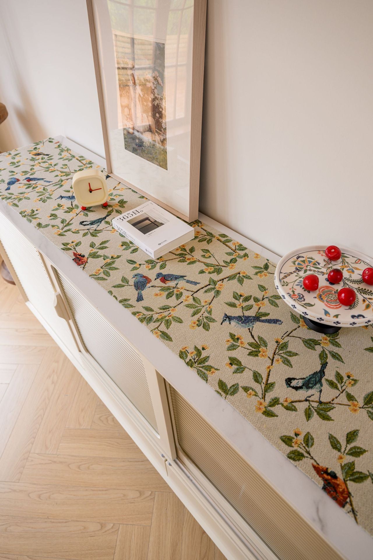 Birds & Branch Table Runner - Jacquard Woven Beige with Tassels(33X240CM)