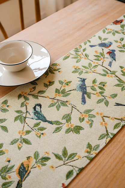 Birds & Branch Table Runner - Jacquard Woven Beige with Tassels(33X240CM)