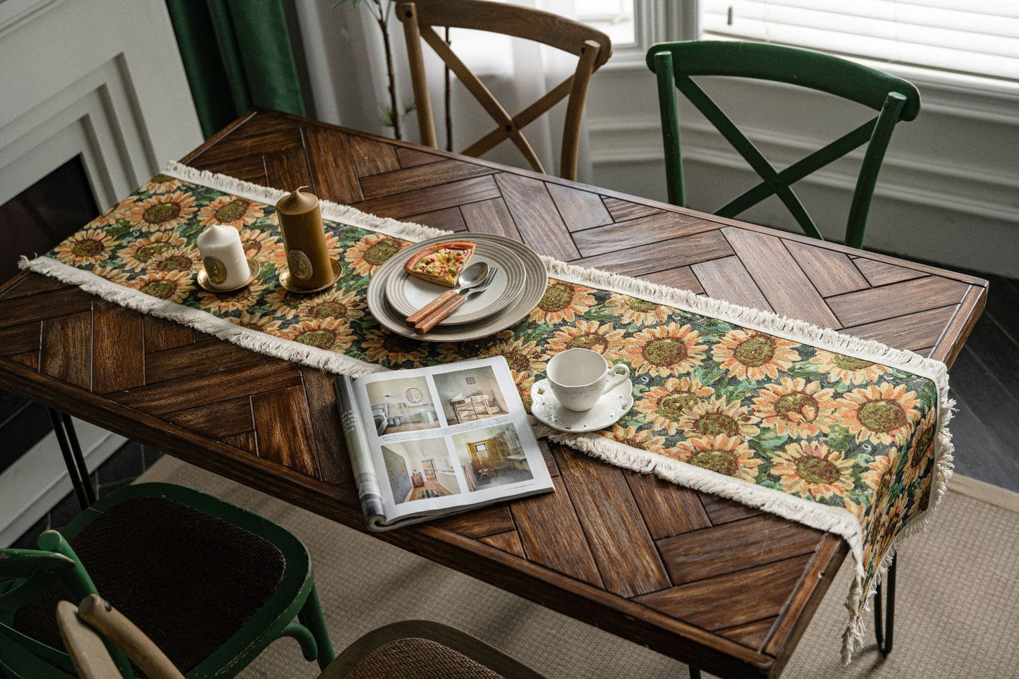 Sunflower Table Runner with Fringe - Jacquard Woven Cotton Blend (30x200cm)
