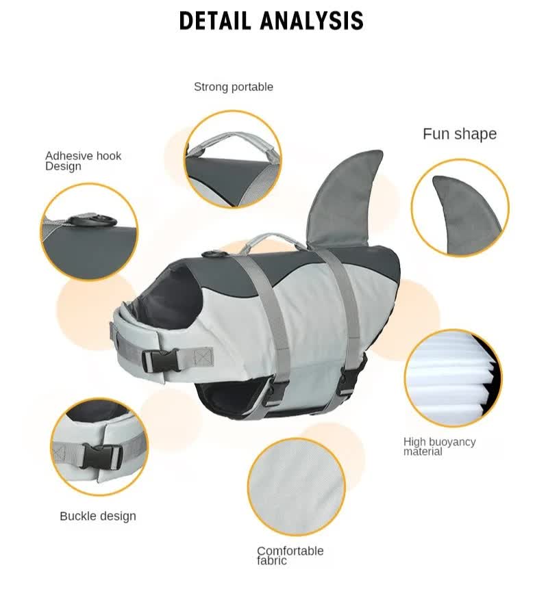 Size M Beige And Blue Sailboat Pattern Pet Life Jacket for Dogs - Summer Swimming Safety Vest with Shark Fin for Small to Large Breeds