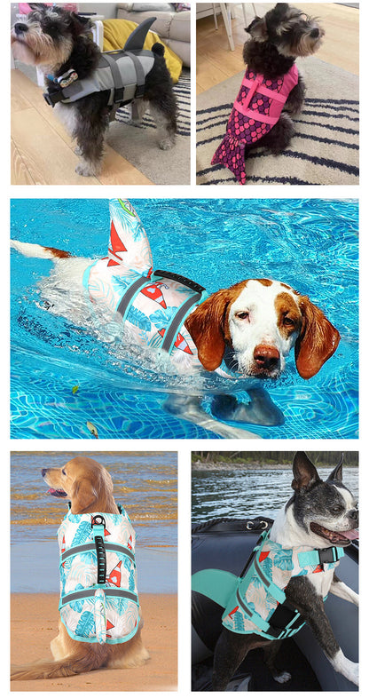 Size M Beige And Blue Sailboat Pattern Pet Life Jacket for Dogs - Summer Swimming Safety Vest with Shark Fin for Small to Large Breeds
