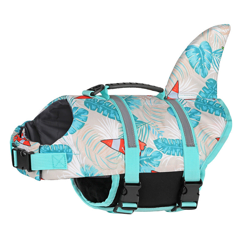 Size L Beige And Blue Sailboat Pattern Pet Life Jacket for Dogs - Summer Swimming Safety Vest with Shark Fin for Small to Large Breeds