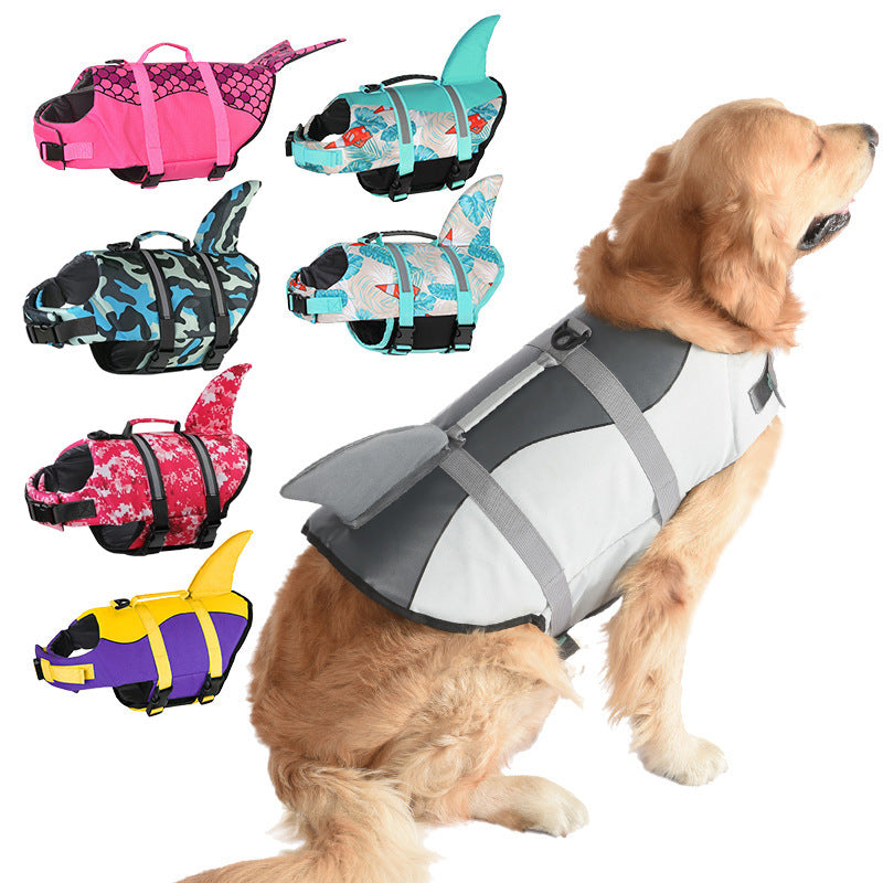 Size L Blue Camouflage Pattern Pet Life Jacket for Dogs - Summer Swimming Safety Vest with Shark Fin for Small to Large Breeds