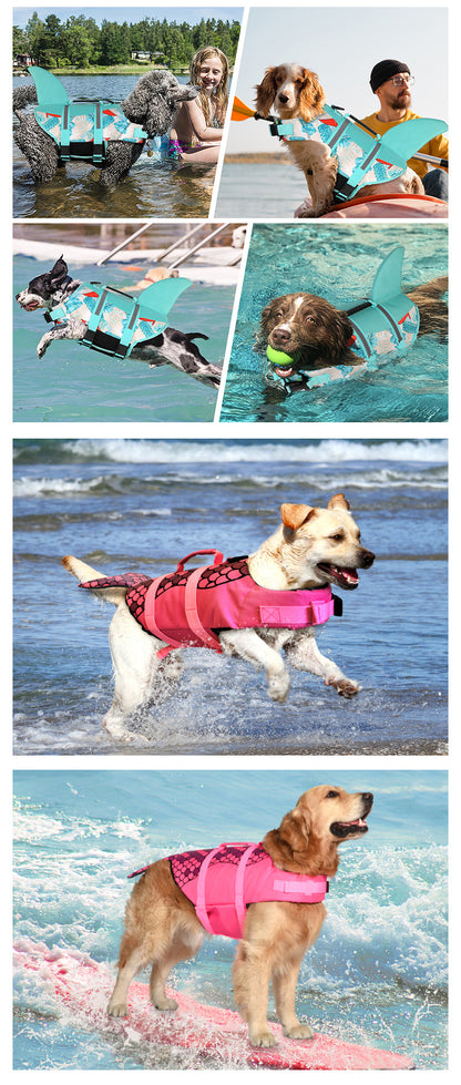 Size XS Green Scales Pattern Pet Life Jacket for Dogs - Summer Swimming Safety Vest with Shark Fin for Small to Large Breeds