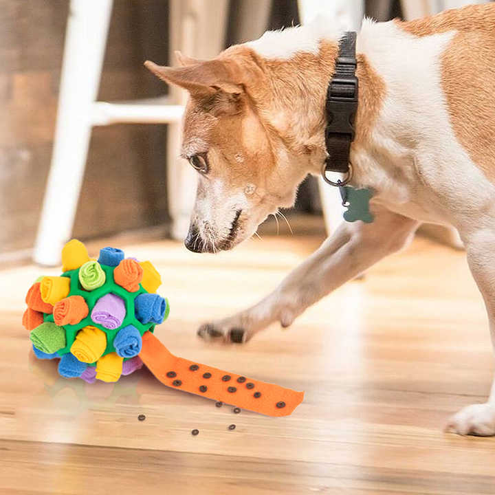 Green Ball And Black,Orange Strips Of Fabric Interactive Pet Snuffle Ball - Treat-Dispensing Toy for Dogs and Cats, 20 cm TPR and Felt Fabric for Mental Stimulation
