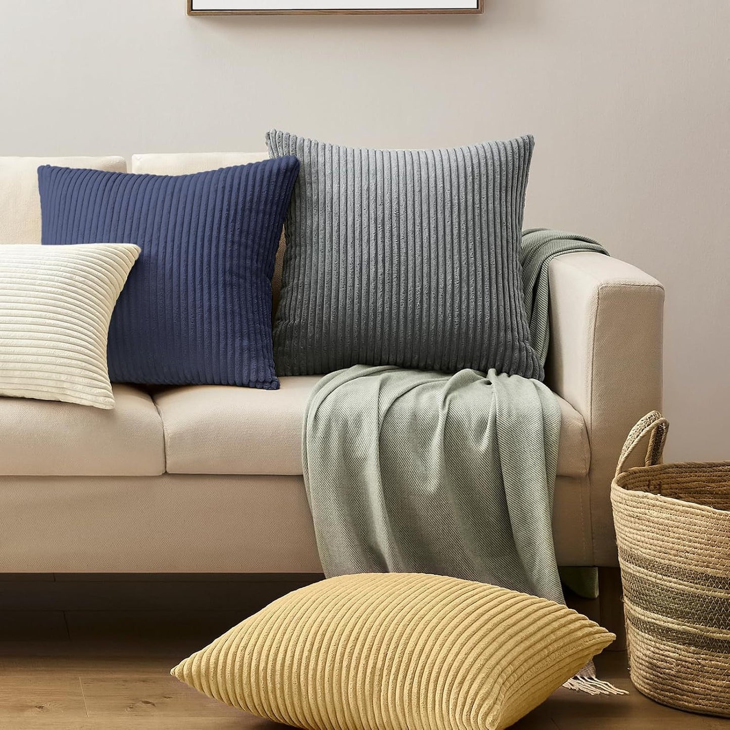 Yellow Plush Striped Pillow Covers 45x45cm - Set of 4 Corduroy-Style Cushion Covers with Invisible Zipper, Soft and Washable for Sofa Decor