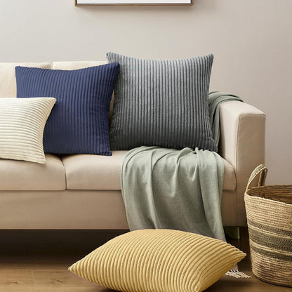 Yellow Plush Striped Pillow Covers 45x45cm - Set of 4 Corduroy-Style Cushion Covers with Invisible Zipper, Soft and Washable for Sofa Decor