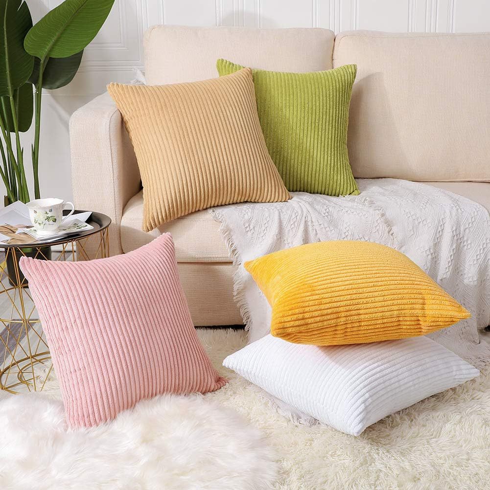 Blue Plush Striped Pillow Covers 45x45cm - Set of 4 Corduroy-Style Cushion Covers with Invisible Zipper, Soft and Washable for Sofa Decor