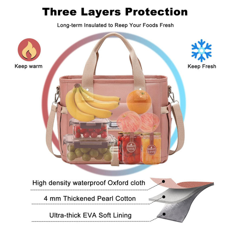 Black Spacious Insulated Lunch Bag - Wide Open Design, Removable Strap, Side Water Bottle Pockets - Perfect for Work, Picnic & Travel